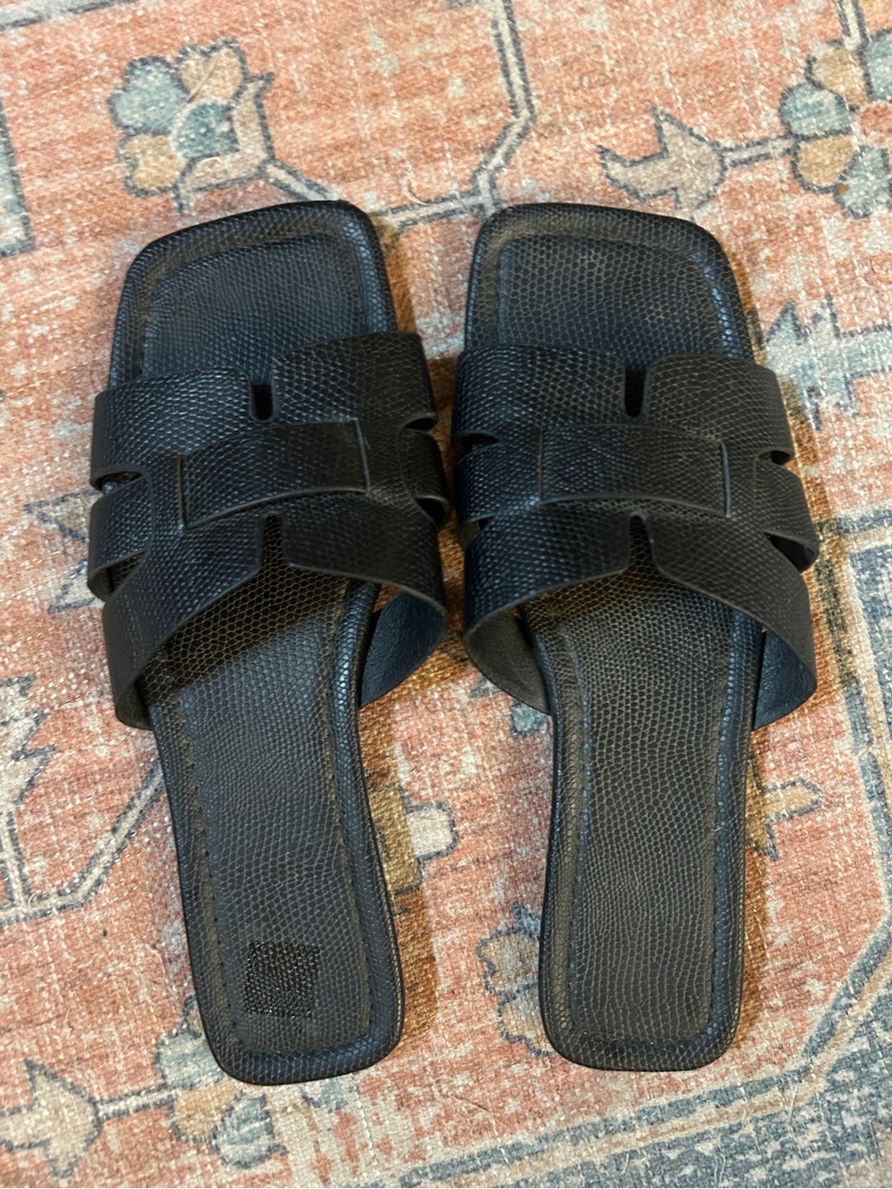 Black Flat Square Toe Faux Lizard Embossed Sandals